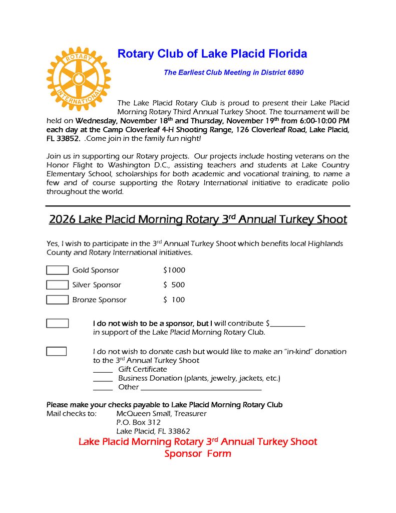 2026 Turkey Shoot Sponsor Info