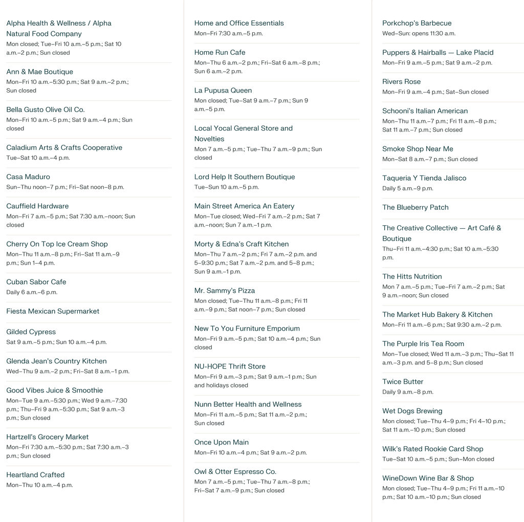 Downtown Businesses and hours